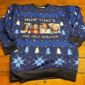 Funny Political Satire Ugly Christmas Sweater Sweatshirt Navy Blue Mens Large